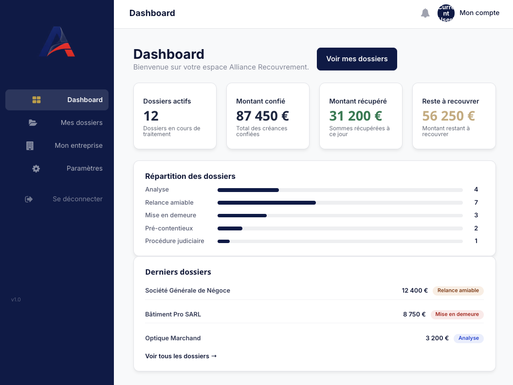 Interface de la plateforme Alliance Recouvrement